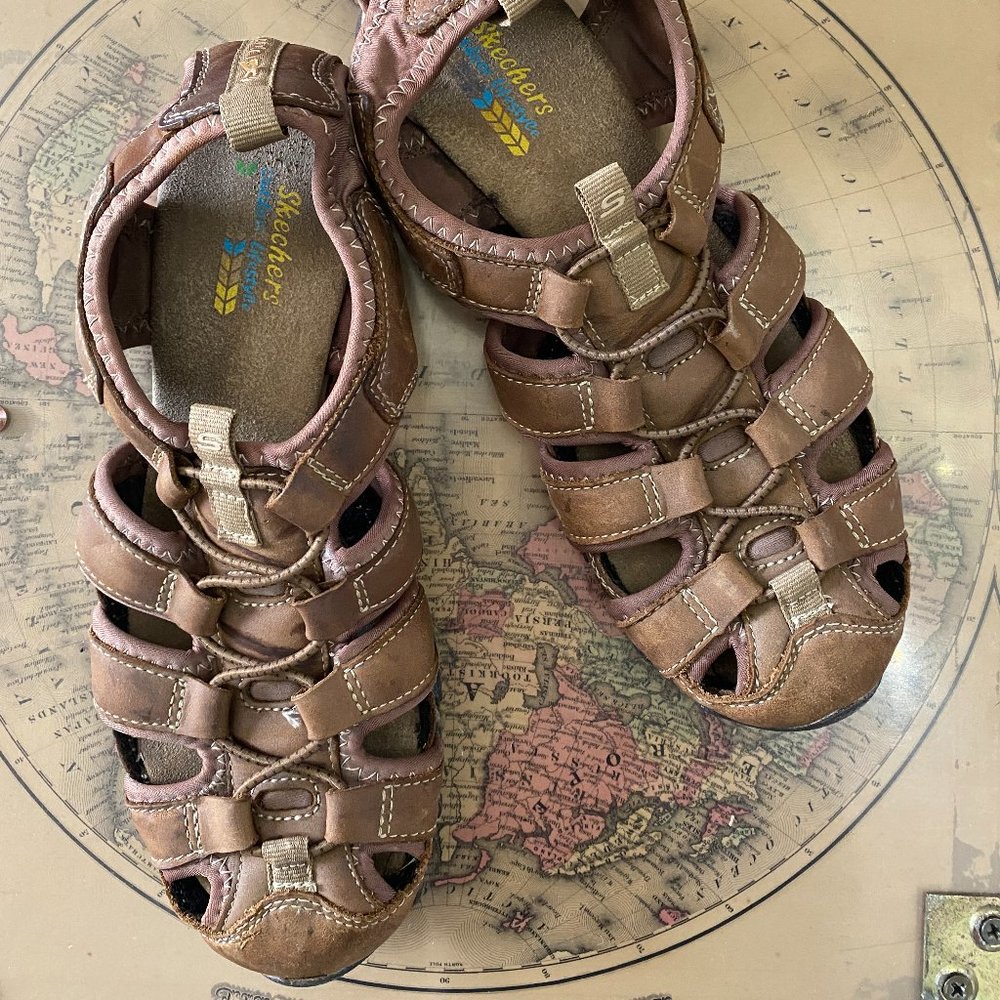 Ladies brown slip on Skechers sandals US 7.5